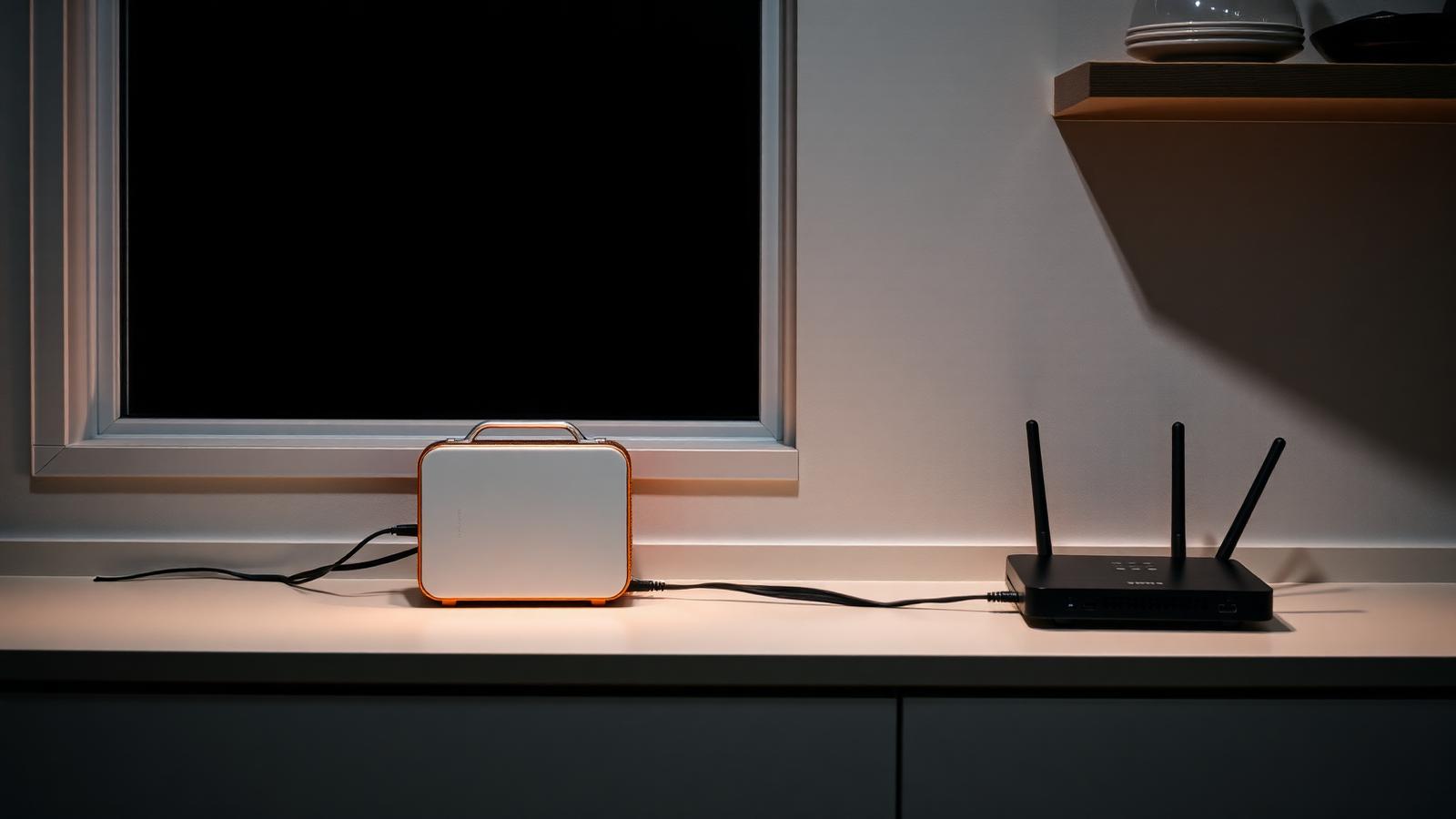 Estación de energía portátil alimentando un router en una vivienda a oscuras durante un corte de luz