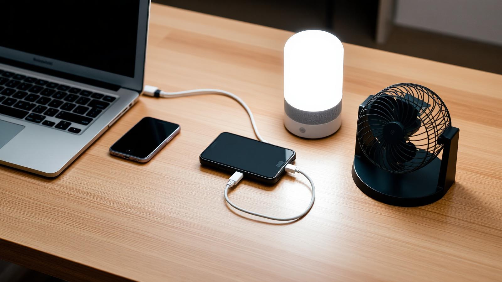 Portátil, móvil, lámpara LED y ventilador conectados a una estación de energía portátil sobre una mesa de madera